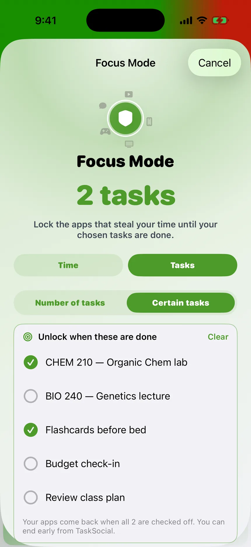 The Focus Mode screen showing the tasks that must be finished before apps unlock