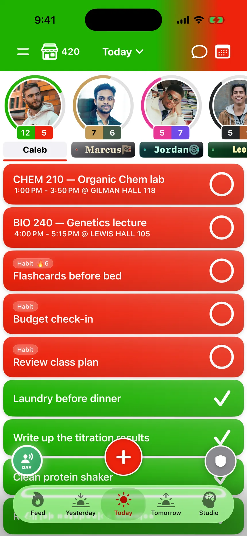 The TaskSocial Today screen showing a day of tasks and friends' progress